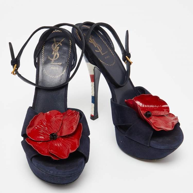 مملوكة مسبقًا Yves Saint Laurent Navy Blue Suede Flower Embellished Ankle Strap Sandals Size 39