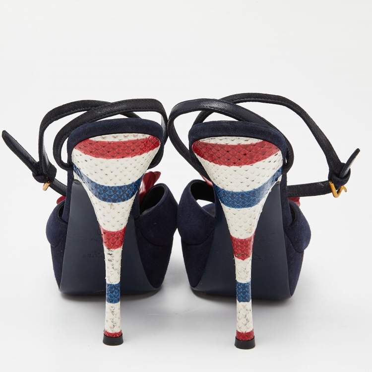 مملوكة مسبقًا Yves Saint Laurent Navy Blue Suede Flower Embellished Ankle Strap Sandals Size 39