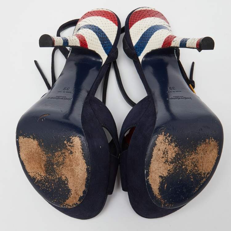 مملوكة مسبقًا Yves Saint Laurent Navy Blue Suede Flower Embellished Ankle Strap Sandals Size 39