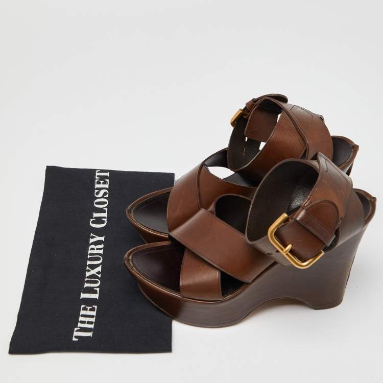 Pre Owned Yves Saint Laurent Brown Leather Wedge Platform Ankle Strap Sandals Size 38