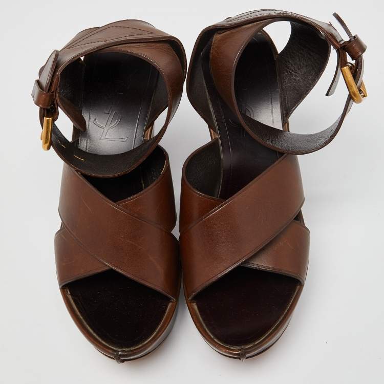 Pre Owned Yves Saint Laurent Brown Leather Wedge Platform Ankle Strap Sandals Size 38