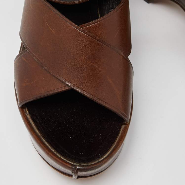 Pre Owned Yves Saint Laurent Brown Leather Wedge Platform Ankle Strap Sandals Size 38