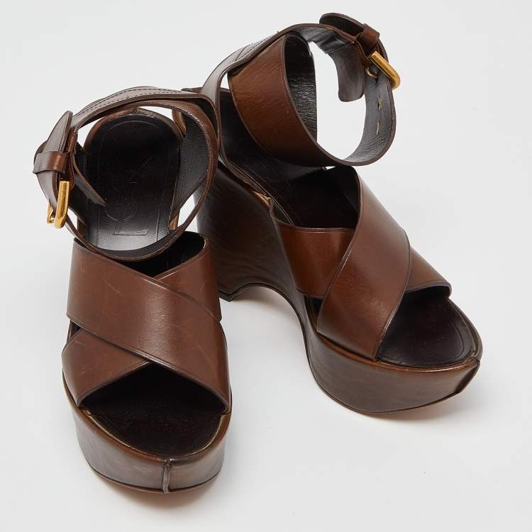 Pre Owned Yves Saint Laurent Brown Leather Wedge Platform Ankle Strap Sandals Size 38
