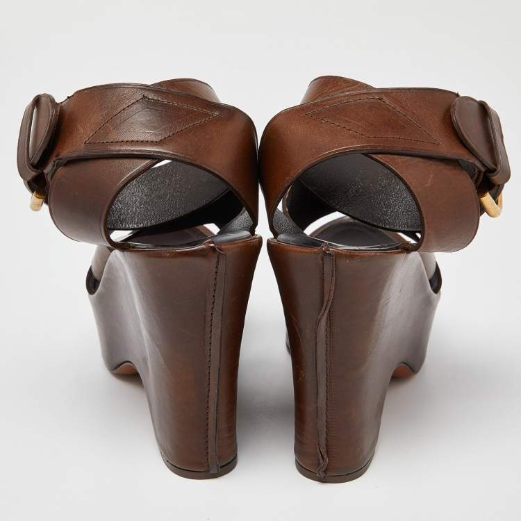 Pre Owned Yves Saint Laurent Brown Leather Wedge Platform Ankle Strap Sandals Size 38