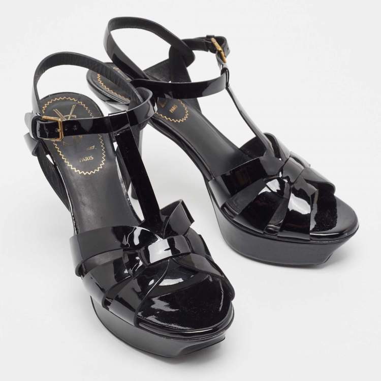 مملوكة مسبقًا Yves Saint Laurent Black Patent Tribute Ankle Strap Sandals Size 36.5