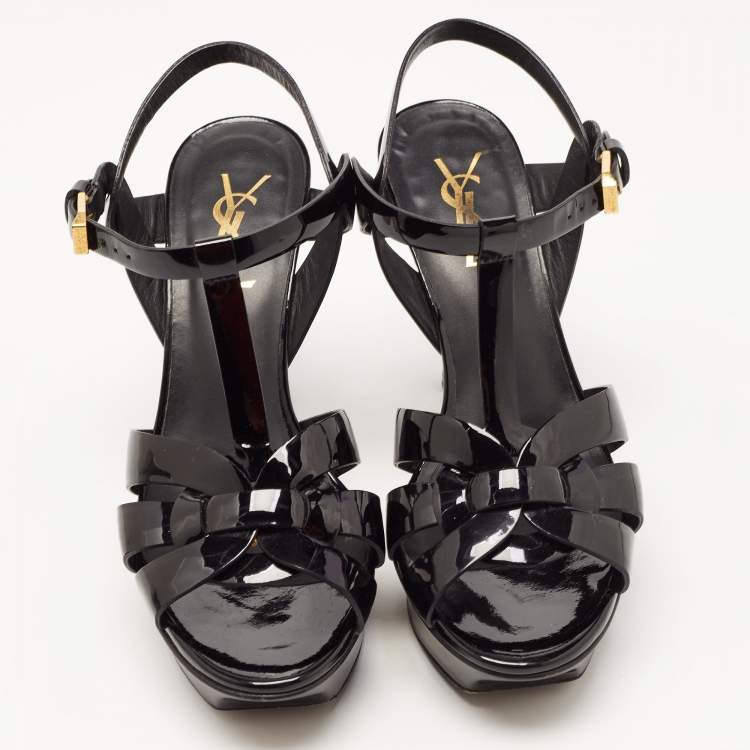 مملوكة مسبقًا Yves Saint Laurent Black Patent Tribute Ankle Strap Sandals Size 36