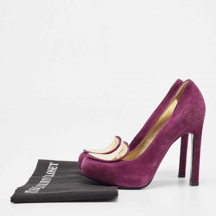 Pre Owned Yves Saint Laurent Purple Suede Plaque Embellished Round Toe Pumps Size 36.5