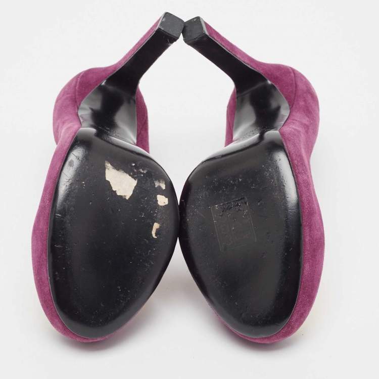 Pre Owned Yves Saint Laurent Purple Suede Plaque Embellished Round Toe Pumps Size 36.5