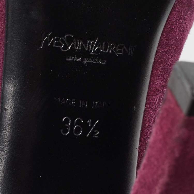 Pre Owned Yves Saint Laurent Purple Suede Plaque Embellished Round Toe Pumps Size 36.5