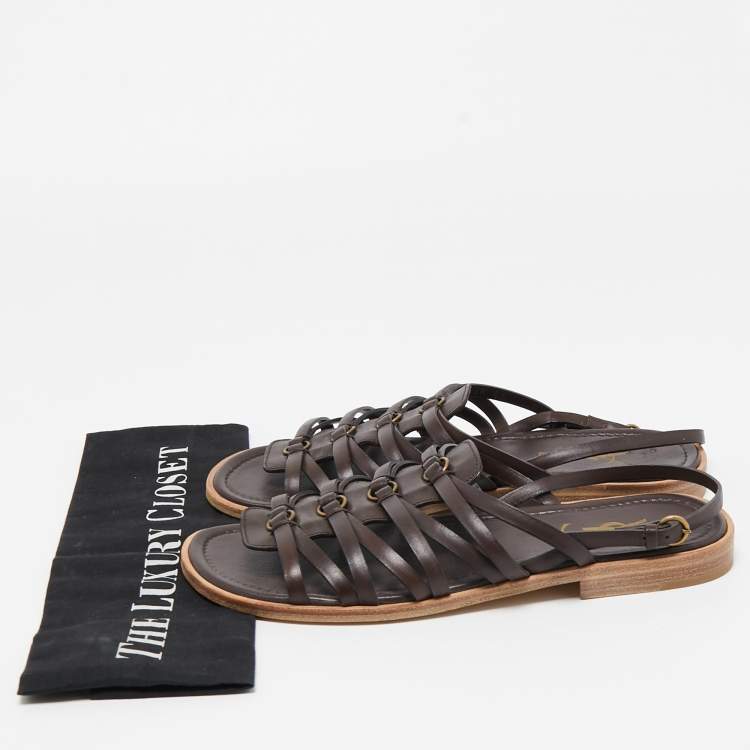 Pre Owned Yves Saint Laurent Brown Leather Strappy Slingback Flat Sandals Size 41