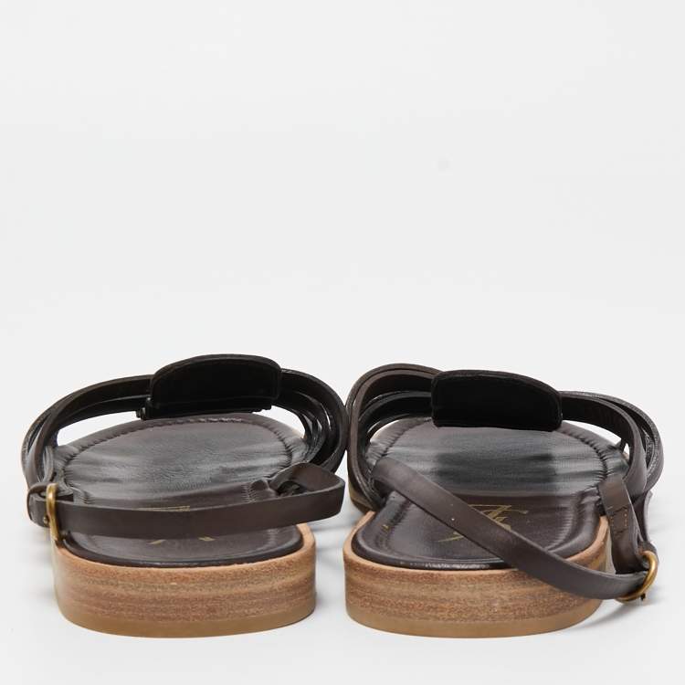 Pre Owned Yves Saint Laurent Brown Leather Strappy Slingback Flat Sandals Size 41