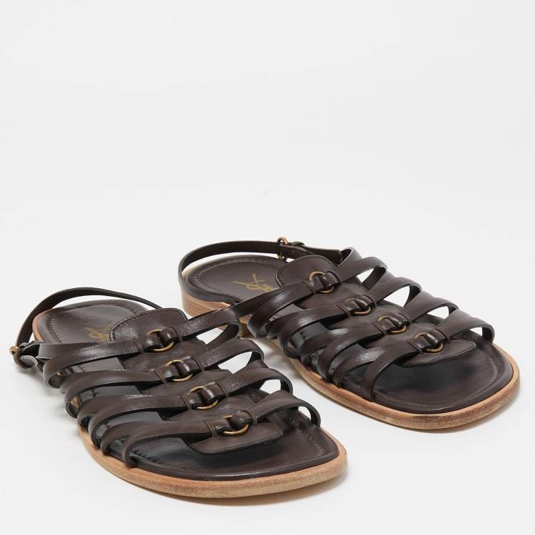 Pre Owned Yves Saint Laurent Brown Leather Strappy Slingback Flat Sandals Size 41