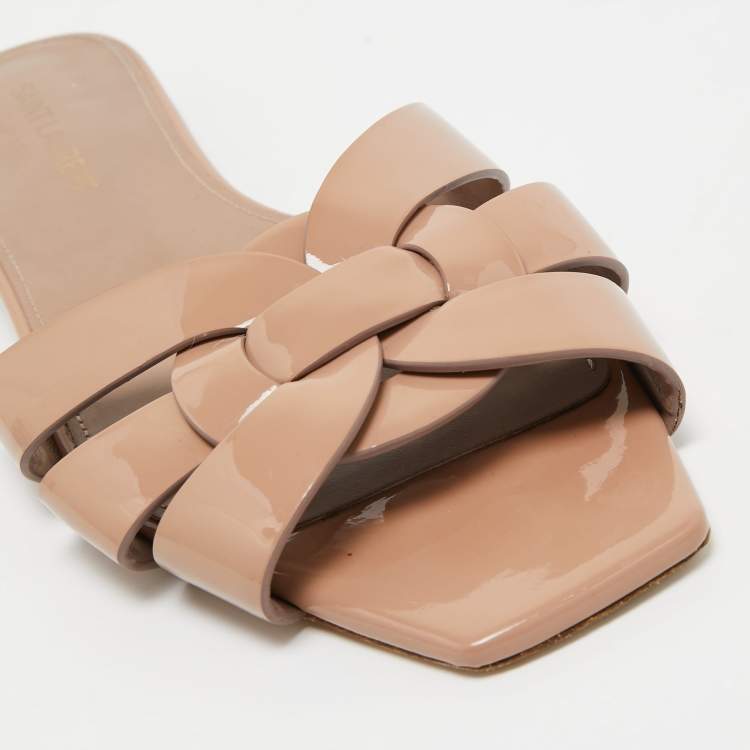 Pre Owned Yves Saint Laurent Beige Patent Leather Tribute  Flat Slides Size 36.5