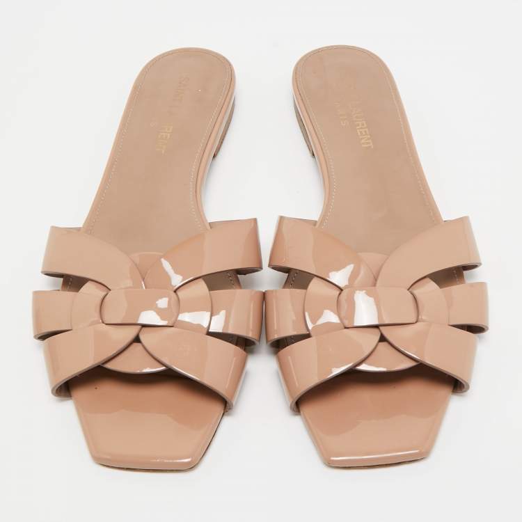 Pre Owned Yves Saint Laurent Beige Patent Leather Tribute  Flat Slides Size 36.5