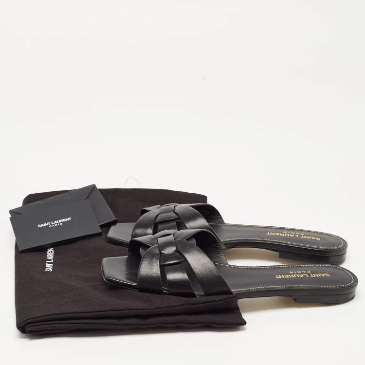 Pre Owned Yves Saint Laurent Black Leather Tribute Flat Slides Size 37