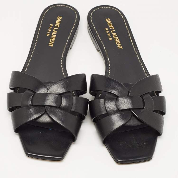 Pre Owned Yves Saint Laurent Black Leather Tribute Flat Slides Size 37
