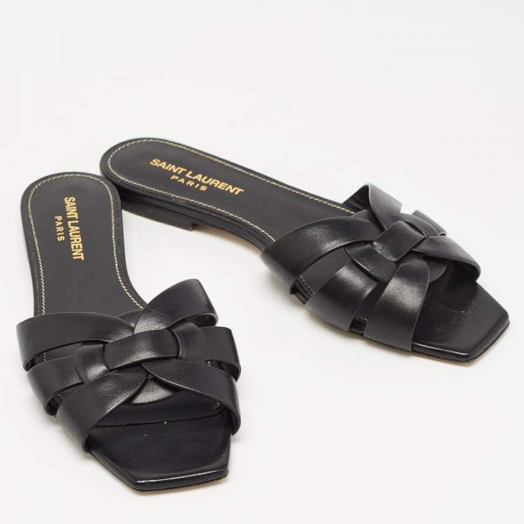 Pre Owned Yves Saint Laurent Black Leather Tribute Flat Slides Size 37