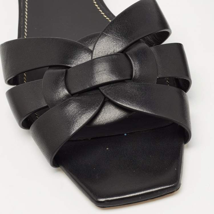 Pre Owned Yves Saint Laurent Black Leather Tribute Flat Slides Size 37