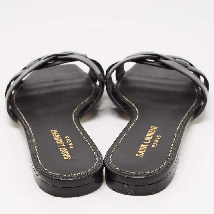 Pre Owned Yves Saint Laurent Black Leather Tribute Flat Slides Size 37