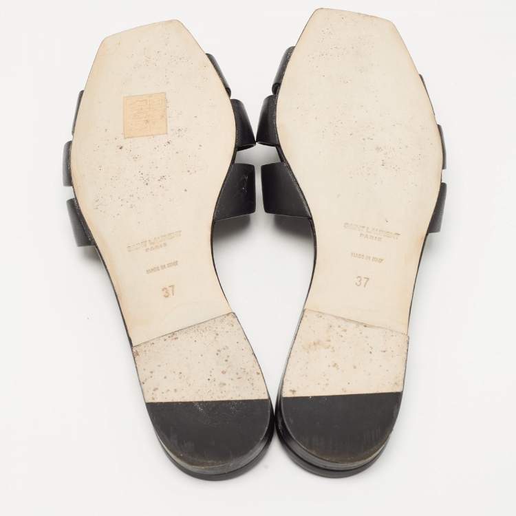 Pre Owned Yves Saint Laurent Black Leather Tribute Flat Slides Size 37