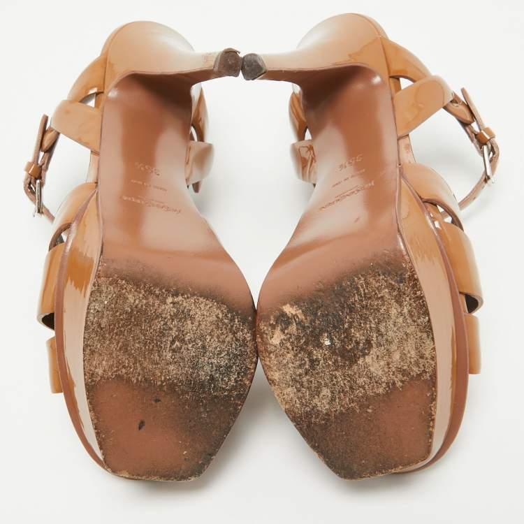 Pre Owned Yves Saint Laurent Brown Patent Leather Tribute Sandals Size 35.5