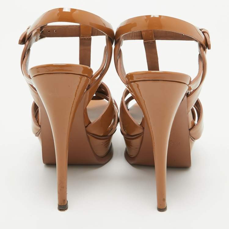 Pre Owned Yves Saint Laurent Brown Patent Leather Tribute Sandals Size 35.5