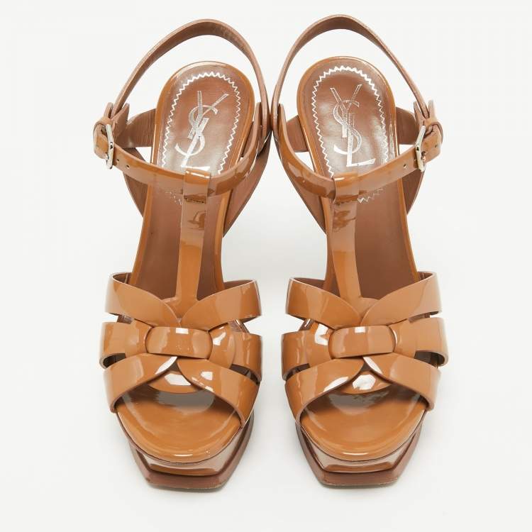 Pre Owned Yves Saint Laurent Brown Patent Leather Tribute Sandals Size 35.5