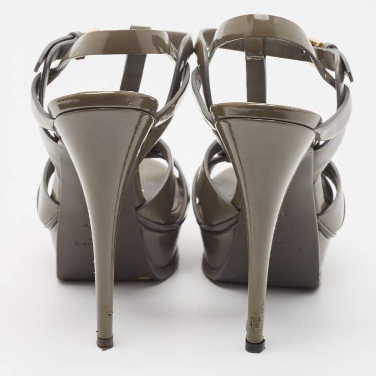 Pre Owned Yves Saint Laurent Grey Patent Tribute Sandals Size 37.5