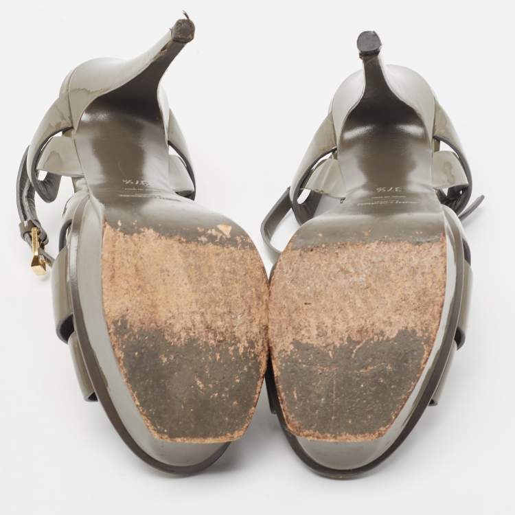 Pre Owned Yves Saint Laurent Grey Patent Tribute Sandals Size 37.5