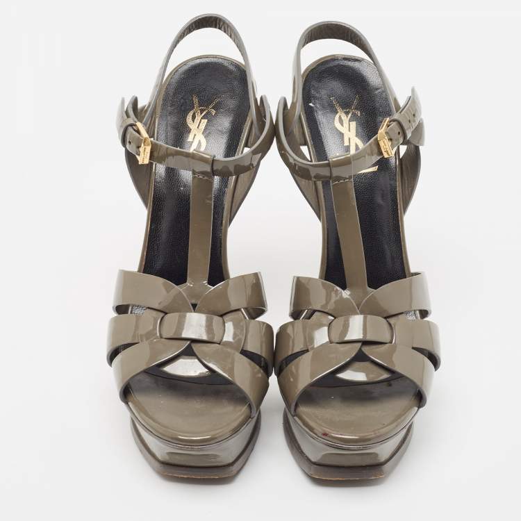Pre Owned Yves Saint Laurent Grey Patent Tribute Sandals Size 37.5