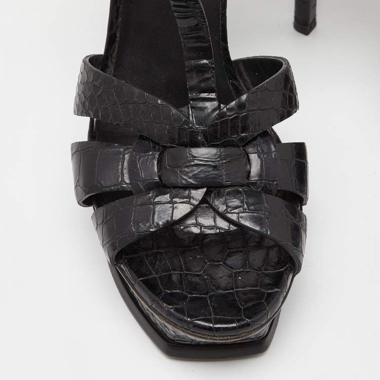 Pre Owned Saint Laurent Black Croc Embossed Leather Tribute Sandals Size 38