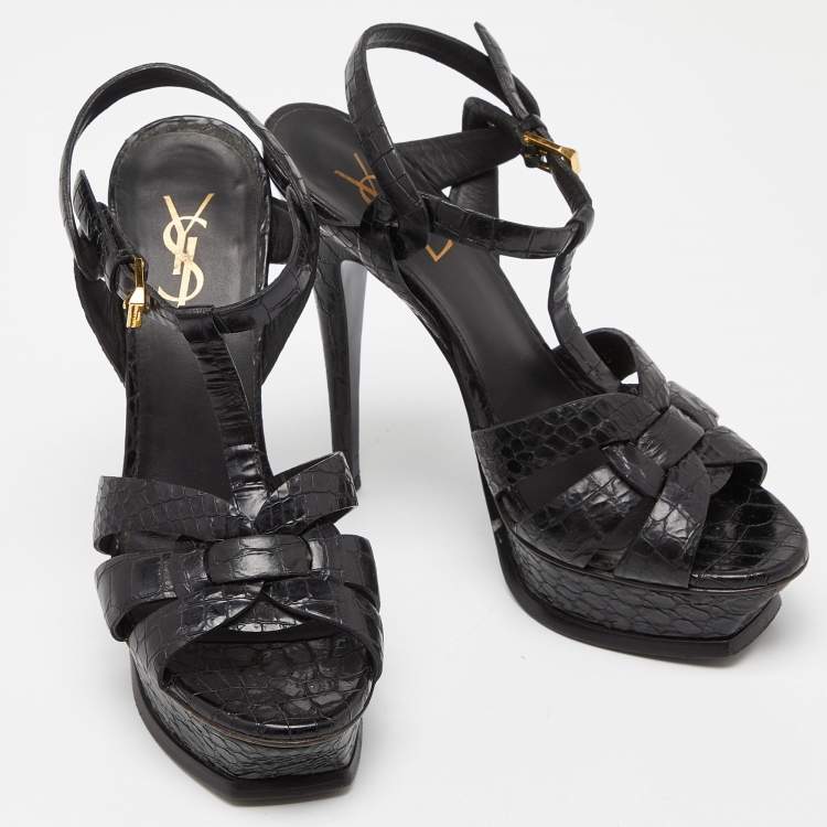 Pre Owned Saint Laurent Black Croc Embossed Leather Tribute Sandals Size 38
