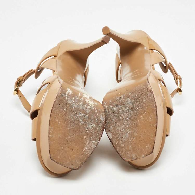 Pre Owned Yves Saint Laurent Beige Patent Leather Tribute Ankle Strap Sandals Size 37.5