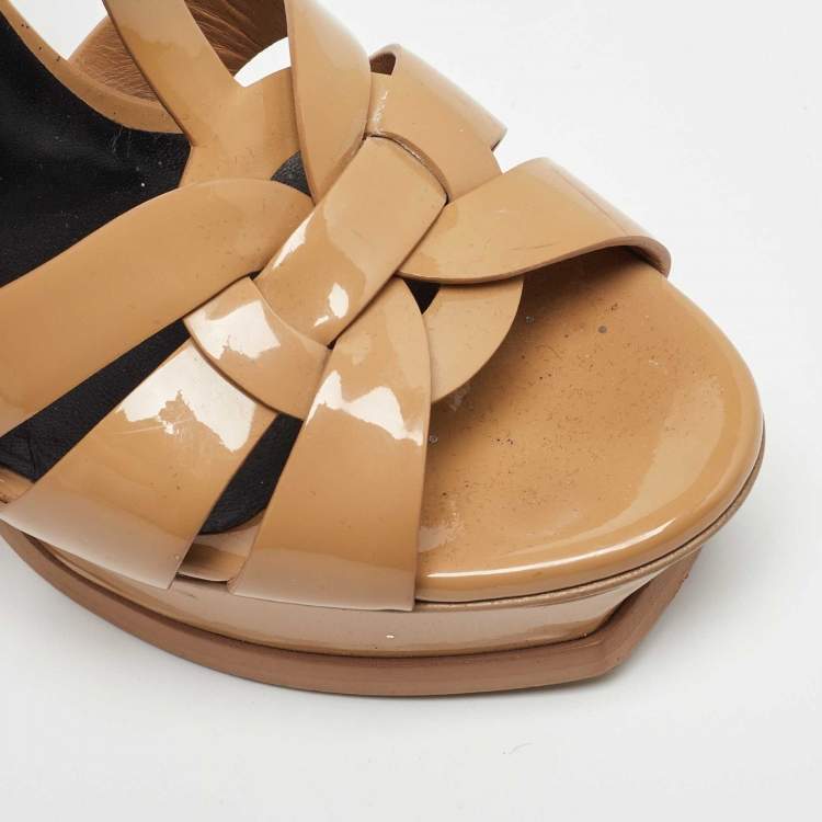 Pre Owned Yves Saint Laurent Beige Patent Leather Tribute Ankle Strap Sandals Size 37.5