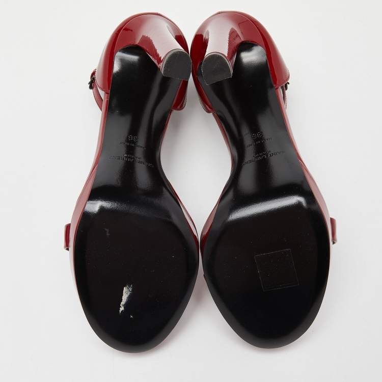 Pre Owned Saint Laurent Red Patent Leather Ankle Strap Sandals Size 36