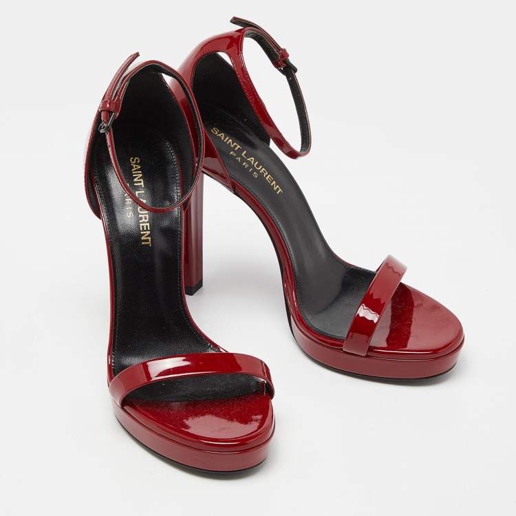 Pre Owned Saint Laurent Red Patent Leather Ankle Strap Sandals Size 36