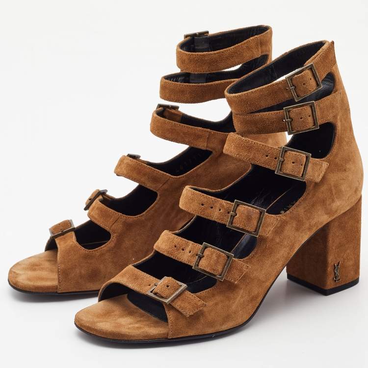 Pre Owned Yves Saint Laurent Brown Suede Strappy Sandals Size 38