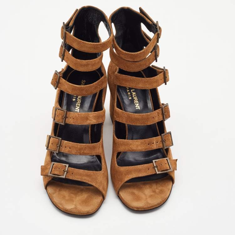 Pre Owned Yves Saint Laurent Brown Suede Strappy Sandals Size 38