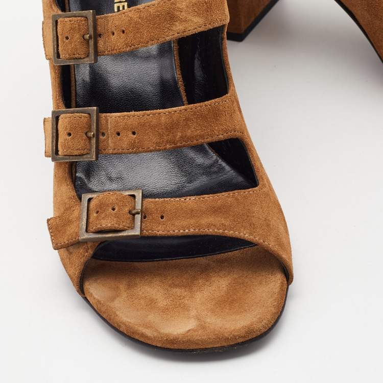 Pre Owned Yves Saint Laurent Brown Suede Strappy Sandals Size 38