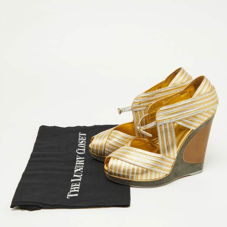 Pre Owned Yves Saint Laurent Gold/Silver Leather Peep Toe Wedge Sandals Size 38