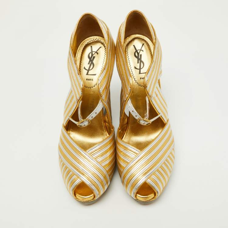 Pre Owned Yves Saint Laurent Gold/Silver Leather Peep Toe Wedge Sandals Size 38