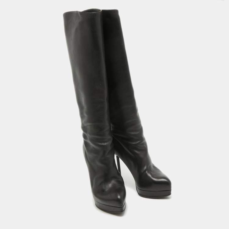 Pre Owned Yves Saint Laurent Black Leather Platform Knee Length Boots Size 36