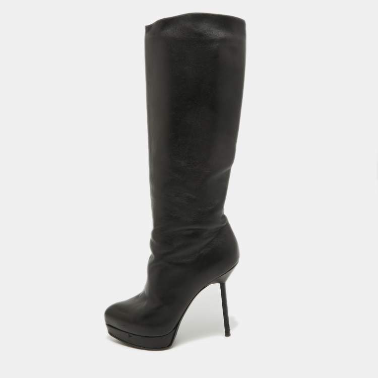Pre Owned Yves Saint Laurent Black Leather Platform Knee Length Boots Size 36