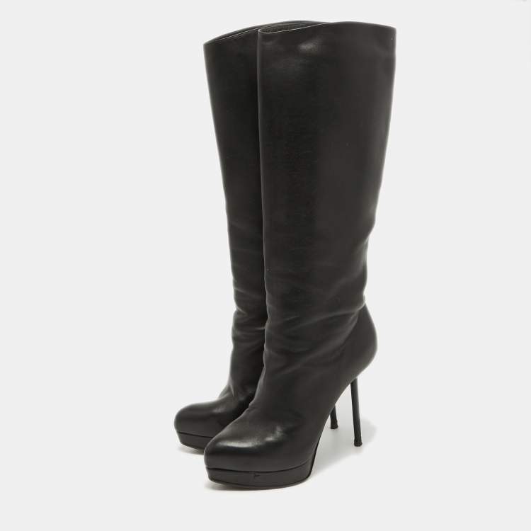 Pre Owned Yves Saint Laurent Black Leather Platform Knee Length Boots Size 36