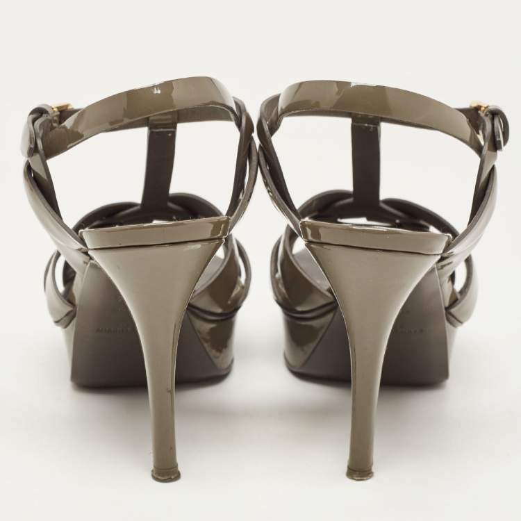 Pre Owned Yves Saint Laurent Grey Patent Tribute Ankle Strap Sandals Size 38.5