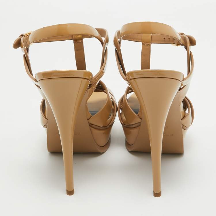 Pre Owned Saint Laurent Beige Patent  Tribute Sandals Size 39