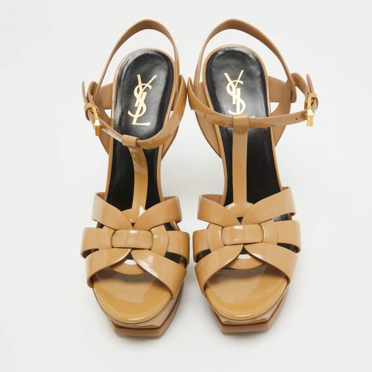 Pre Owned Saint Laurent Beige Patent  Tribute Sandals Size 39