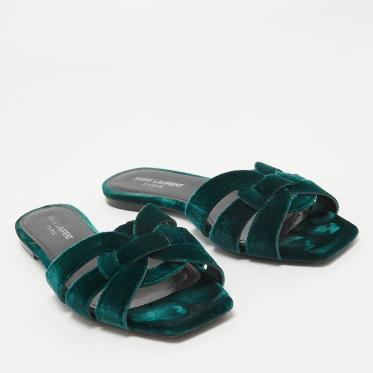 Pre Owned Yves Saint Laurent Green Velvet Tribute Flat Slides Size 38.5