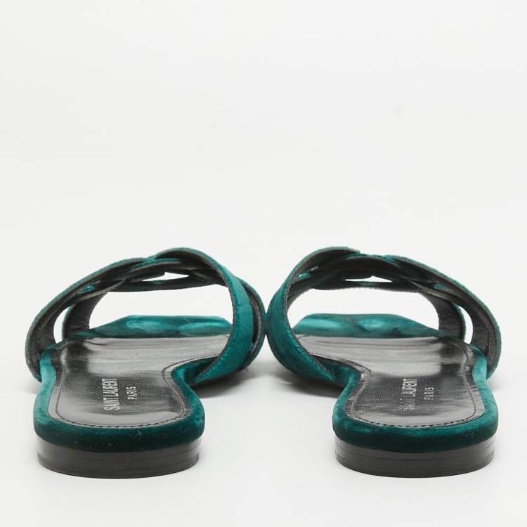 Pre Owned Yves Saint Laurent Green Velvet Tribute Flat Slides Size 38.5