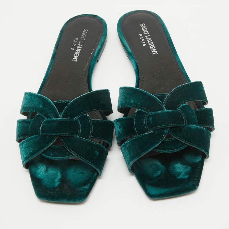 Pre Owned Yves Saint Laurent Green Velvet Tribute Flat Slides Size 38.5